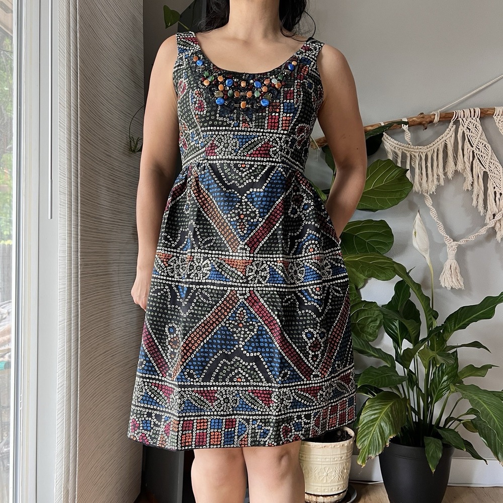 Anna Sui  Anthropologie Women's Size 6 Dress Fit & Flare Cotton Boho embellished